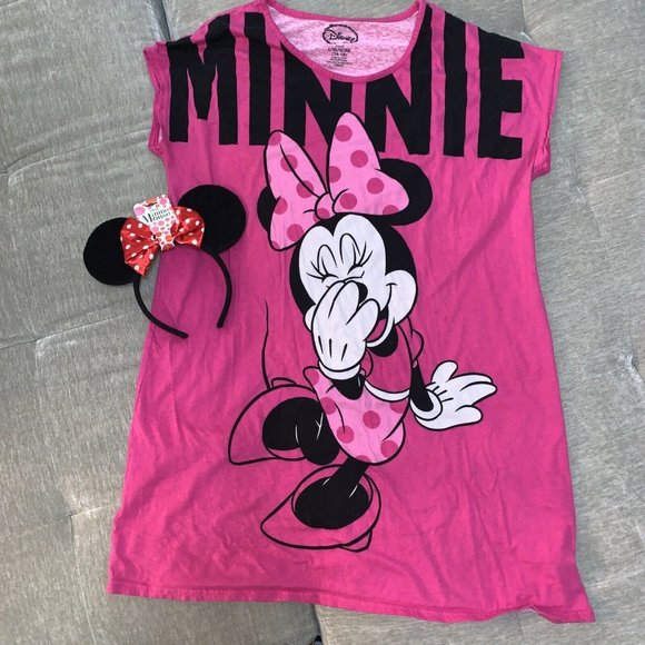 Disney Tall Womens Pink Minnie Mouse Short Sleeve T-shirt XL & Headband - Picture 1 of 11